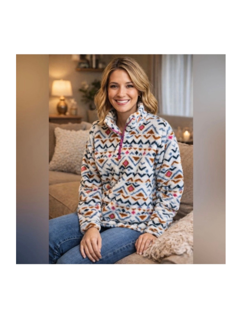 Women's Eddie Bauer Fleece Pullover Size L White Multi-color Pattern